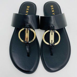 DKNY Gold Accent Thong Sandals | Size 7.5 | Black & Metallic Gold